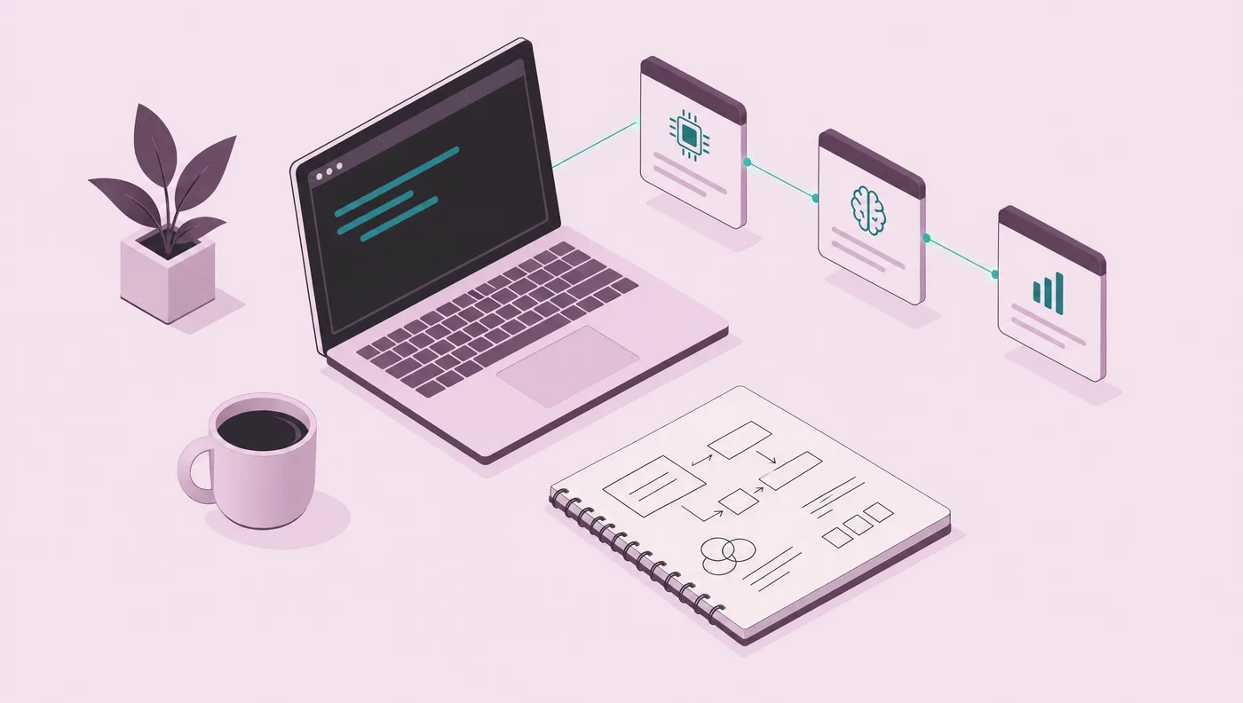 Escritorio con una laptop mostrando una terminal, una libreta con diagramas y tres tarjetas de módulo enlazadas