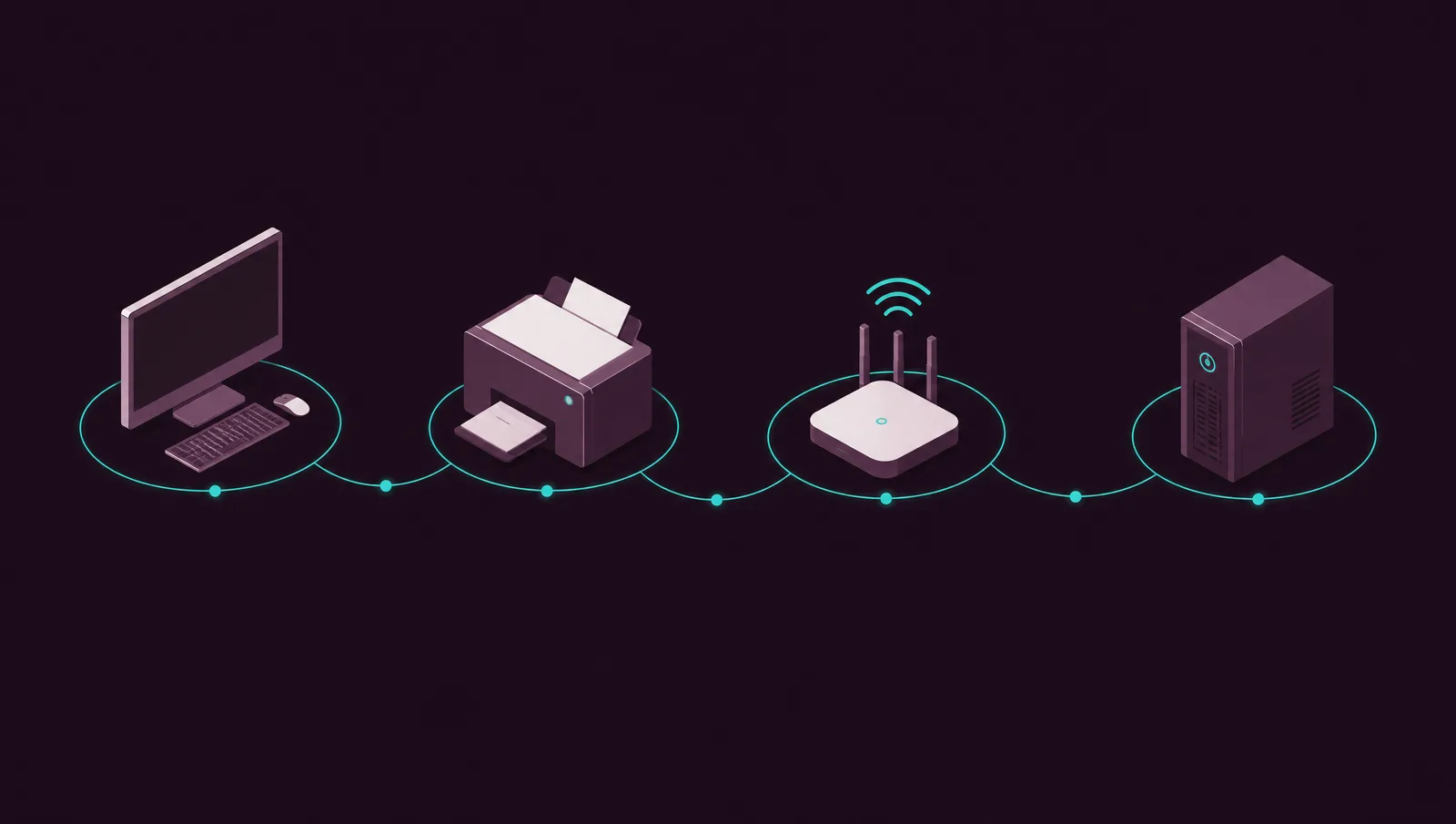 Computadora, impresora, punto de acceso y no-break unidos por una ruta de servicio con puntos de control