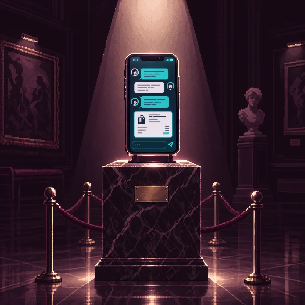 Pedestal de museo bajo un reflector: un teléfono de pie con una conversación de pedidos y un pequeño ticket en pantalla