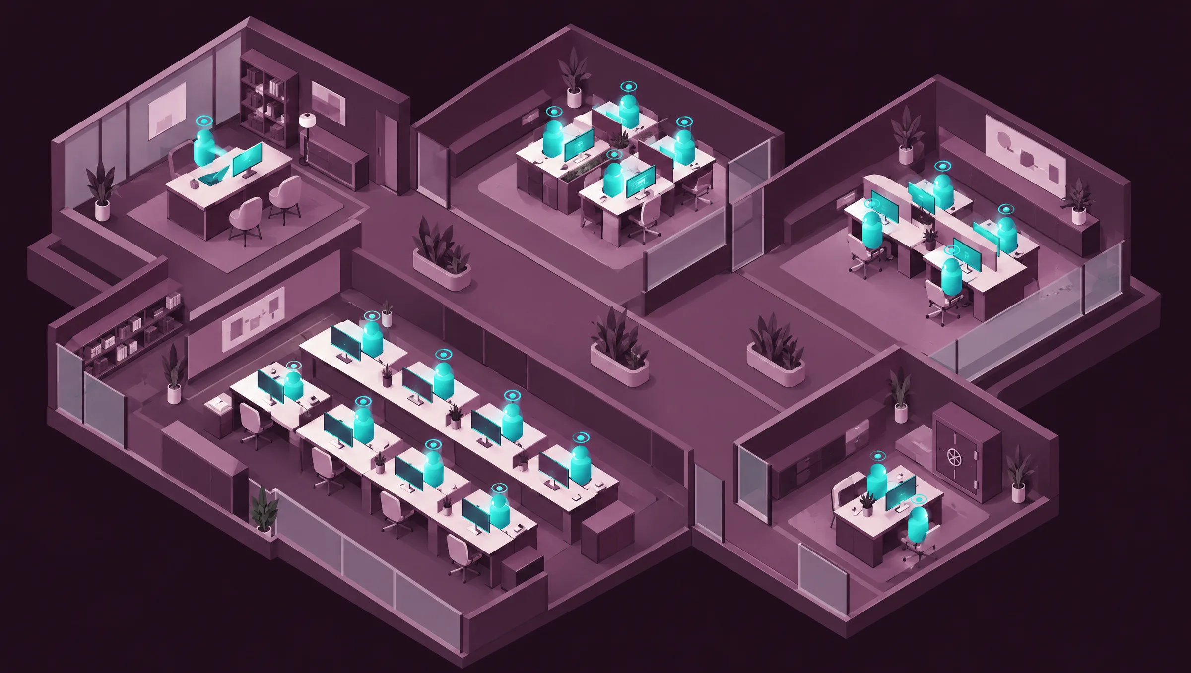 Ilustración del piso de la oficina virtual de DIGIALL: cinco áreas de trabajo con agentes en turno en sus escritorios
