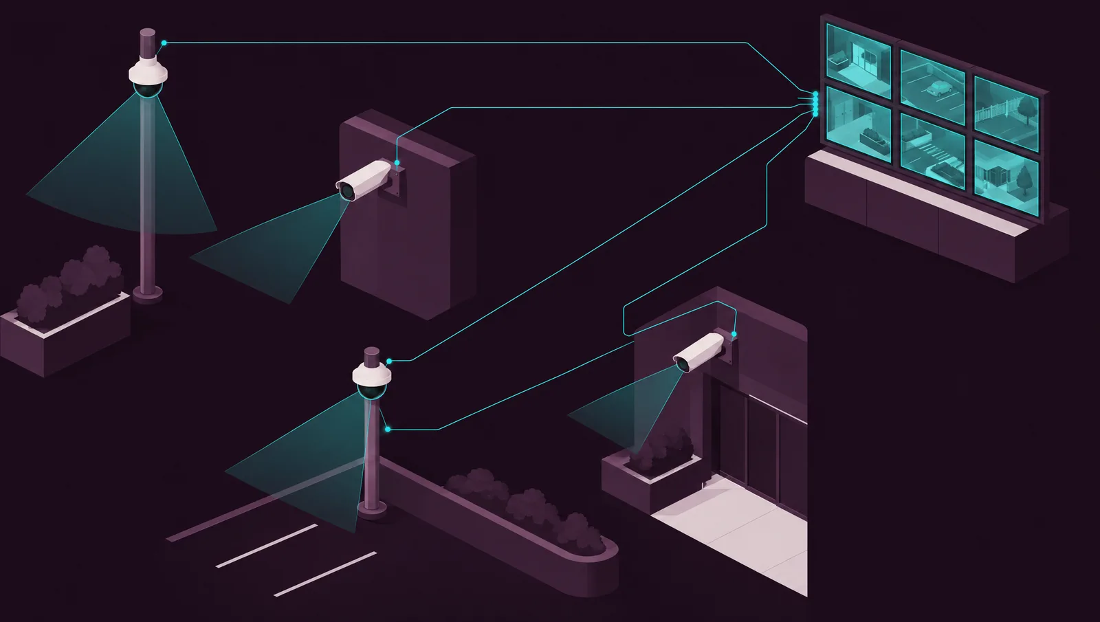 Cámaras de videovigilancia con sus conos de visión, conectadas a un muro de monitores
